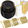 YOUBET 700PCS Black Plastic Plates - Black and Gold Plates - Gold Plastic Dinnerware Set Include 200 Disposable Plate, 300 Heavy Duty Silverware, 100 Cups, 100 Napkins for Wedding & Party