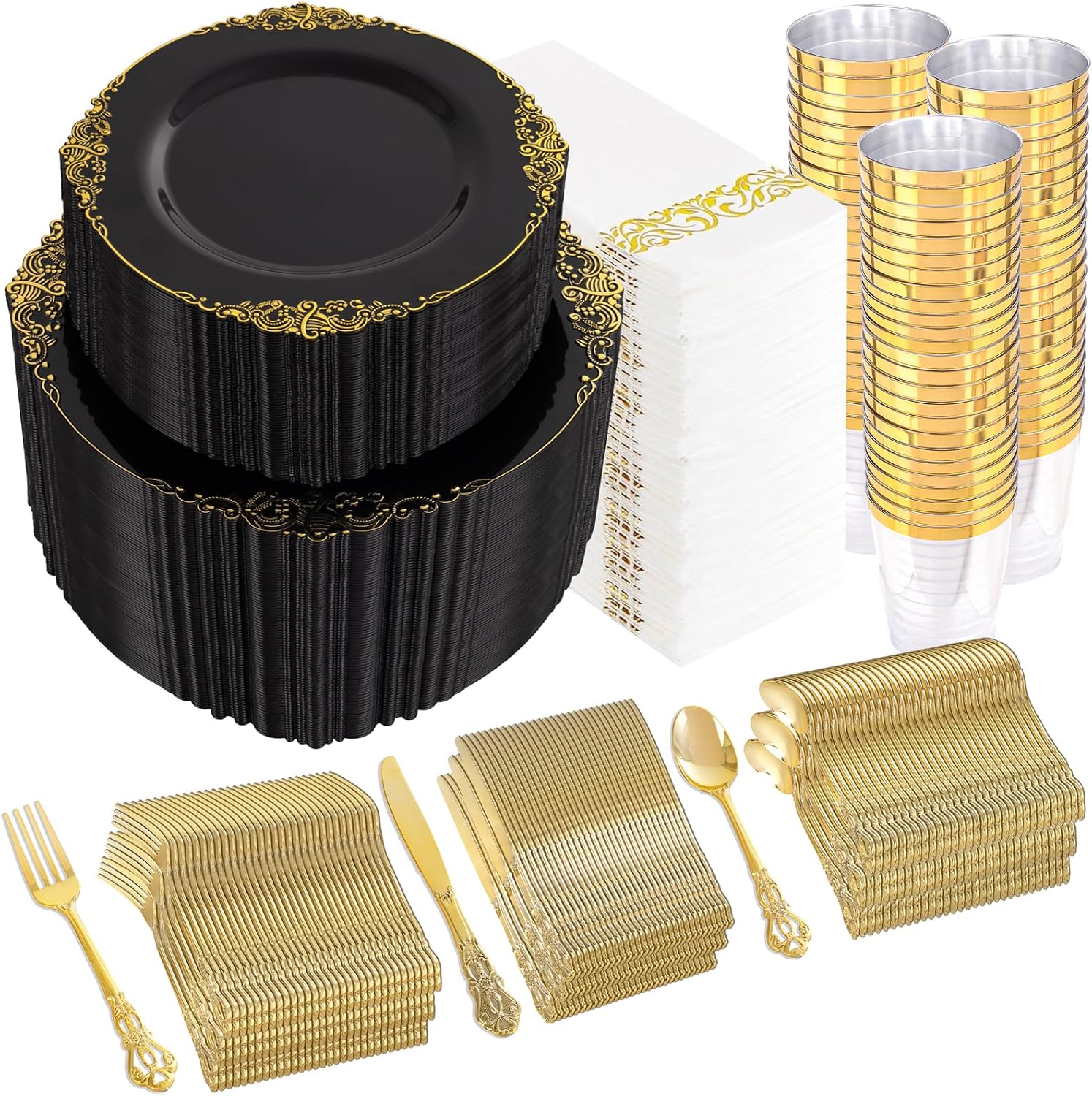 YOUBET 700PCS Black Plastic Plates - Black and Gold Plates - Gold Plastic Dinnerware Set Include 200 Disposable Plate, 300 Heavy Duty Silverware, 100 Cups, 100 Napkins for Wedding & Party