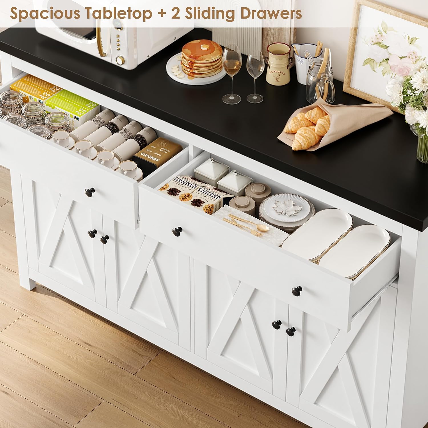 FOTOSOK Sideboard Buffet Cabinet with Storage, 55' Large Kitchen Storage Cabinet with 2 Drawers and 4 Doors, Wood Coffee Bar Cabinets Buffet Table for Kitchen Dining Room, White and Black