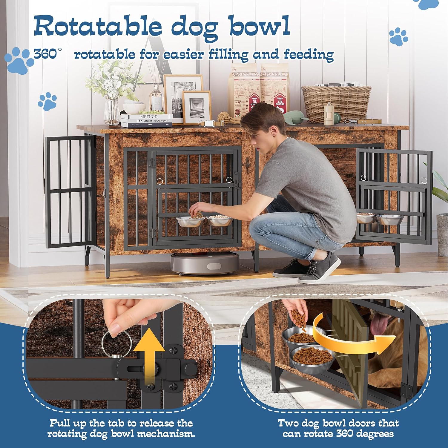 Grepatio 63' Double Dog Crate Furniture for 2 Dogs, Large Dog Kennel with 360° Rotating Feeder Bowls, Indoor Double Dogs Crates with 4 Doors, Wooden Crate TV Stand with Removable Divider