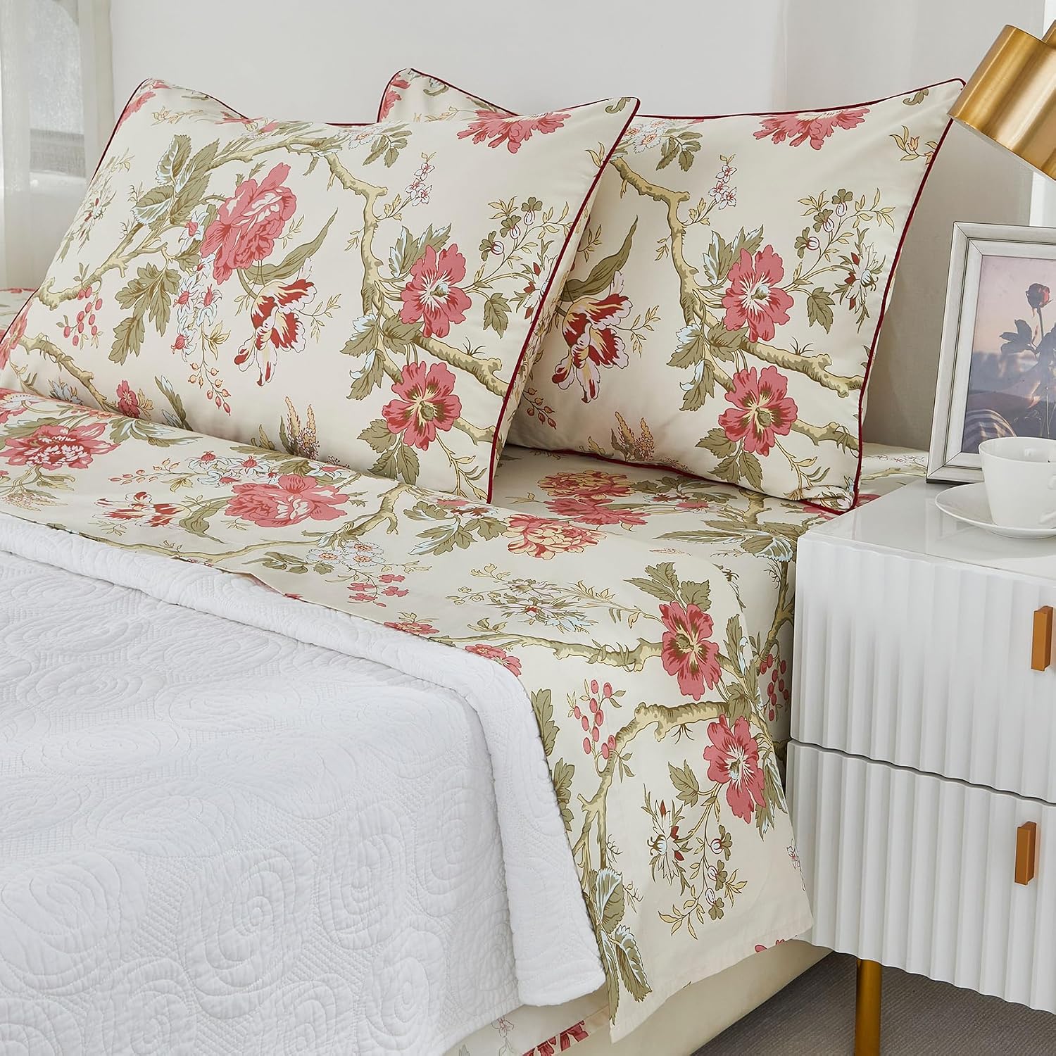 Brandream Floral Bedding Chinoiserie Blossom Farmhouse Sheets Set Queen Size Luxury Grandmillennial Bedding Decor 100% Egyptian Cotton Deep Pocket, 4Pieces Botanical Tree Branches Ornamental Drawing