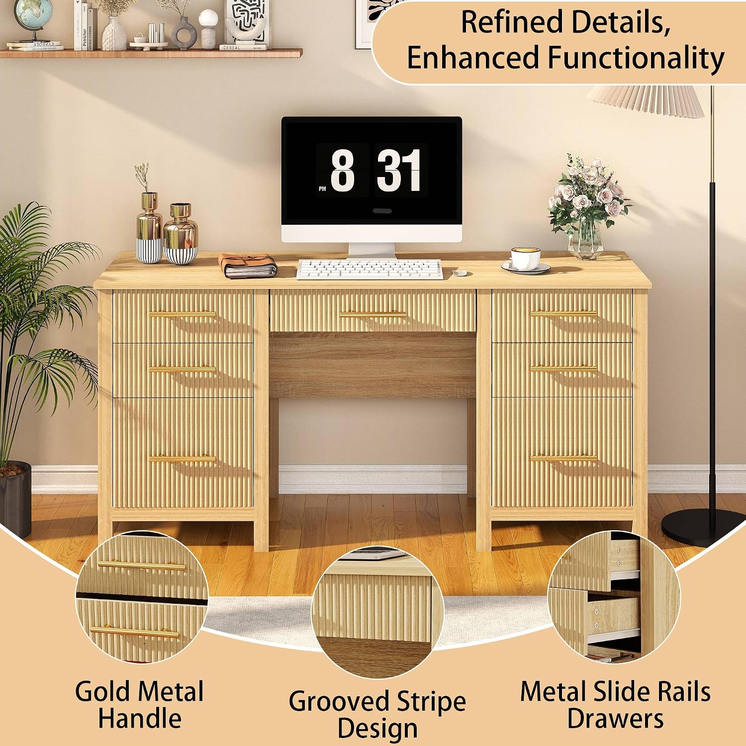 Modern Executive Desk with Drawers: 60' Oak Home Office Desks with File Drawers, Wood Fluted Computer Writing Desk for Work, Study, and Living Room (60')