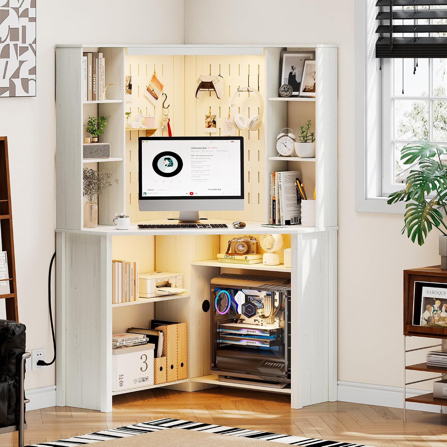 HNEBC Home Office Desk with Power Outlet & Chariging Station,L-Shaped Corner Desk with Pull-Out LED Lights,Computer Desk with Hutch & 10 Shelves,Pegboards for Work & Study,White
