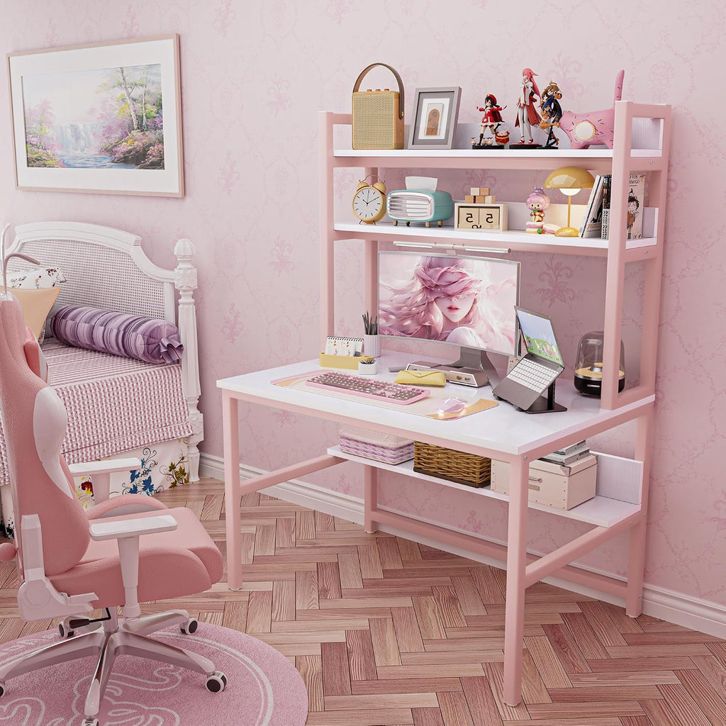 Aquzee Pink Girls Desk Hutch, 47in Woman Computer Desk with Bookshelf & Storage Shelves, Space Saving Girls Writing Study Craft Table for Bedroom Kids Room, White Wood & Pink Iron Home Office Desks