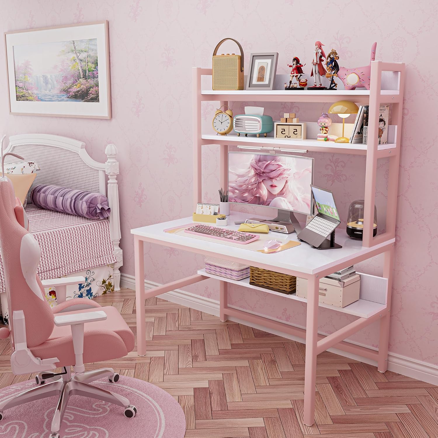 Aquzee Pink Girls Desk Hutch, 47in Woman Computer Desk with Bookshelf & Storage Shelves, Space Saving Girls Writing Study Craft Table for Bedroom Kids Room, White Wood & Pink Iron Home Office Desks