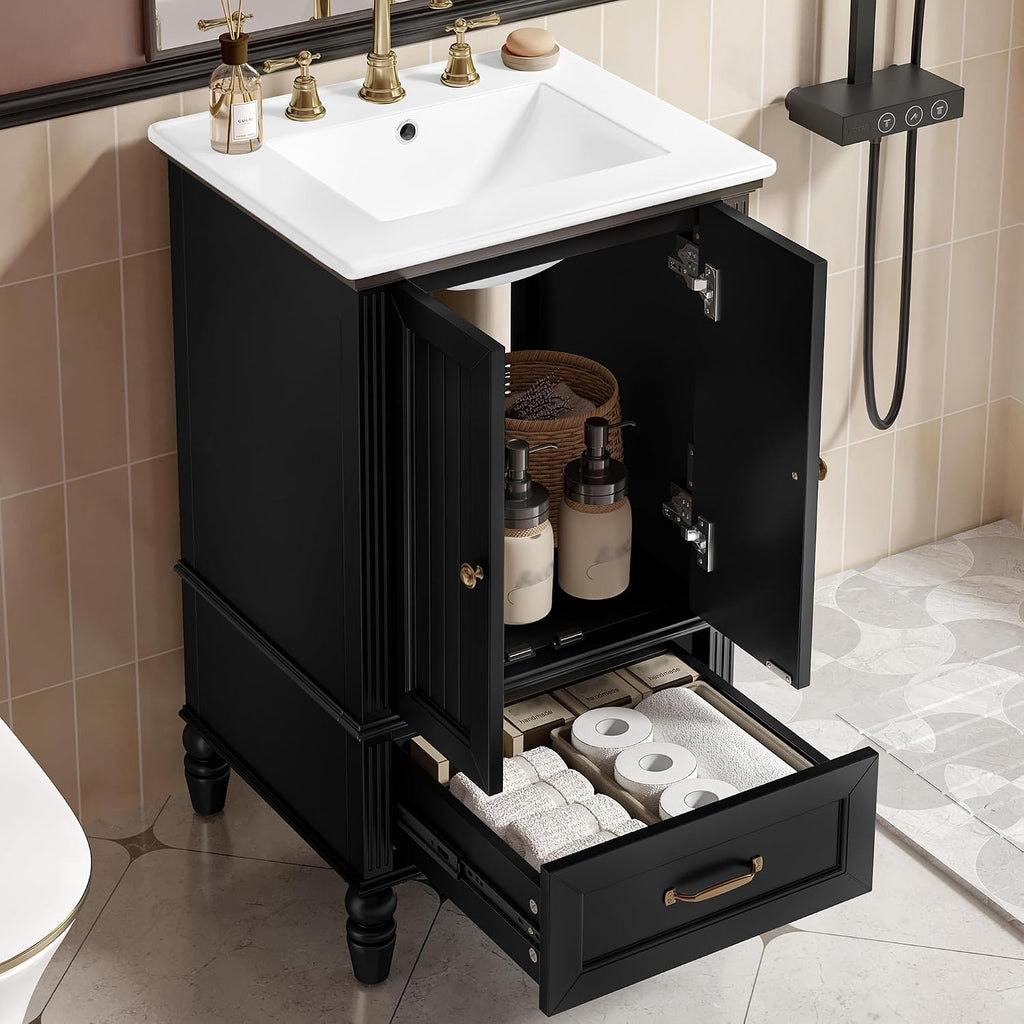 roomfitters 20' Bathroom Vanity with Sink Cabinet with 2 Doors Drawer Adjustable Foot Pads and Magnetic Door Stopper, Black