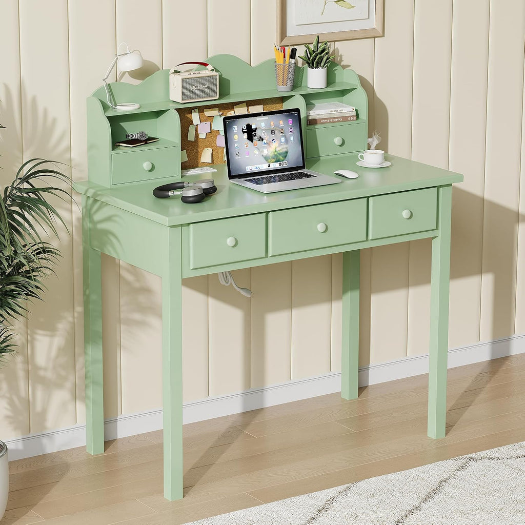 FUNKOCO Home Office Furniture Writing Desk, 36 Inch Computer Work Station with Detachable Hutch for Small Place, 5 Drawers(Candy Green)