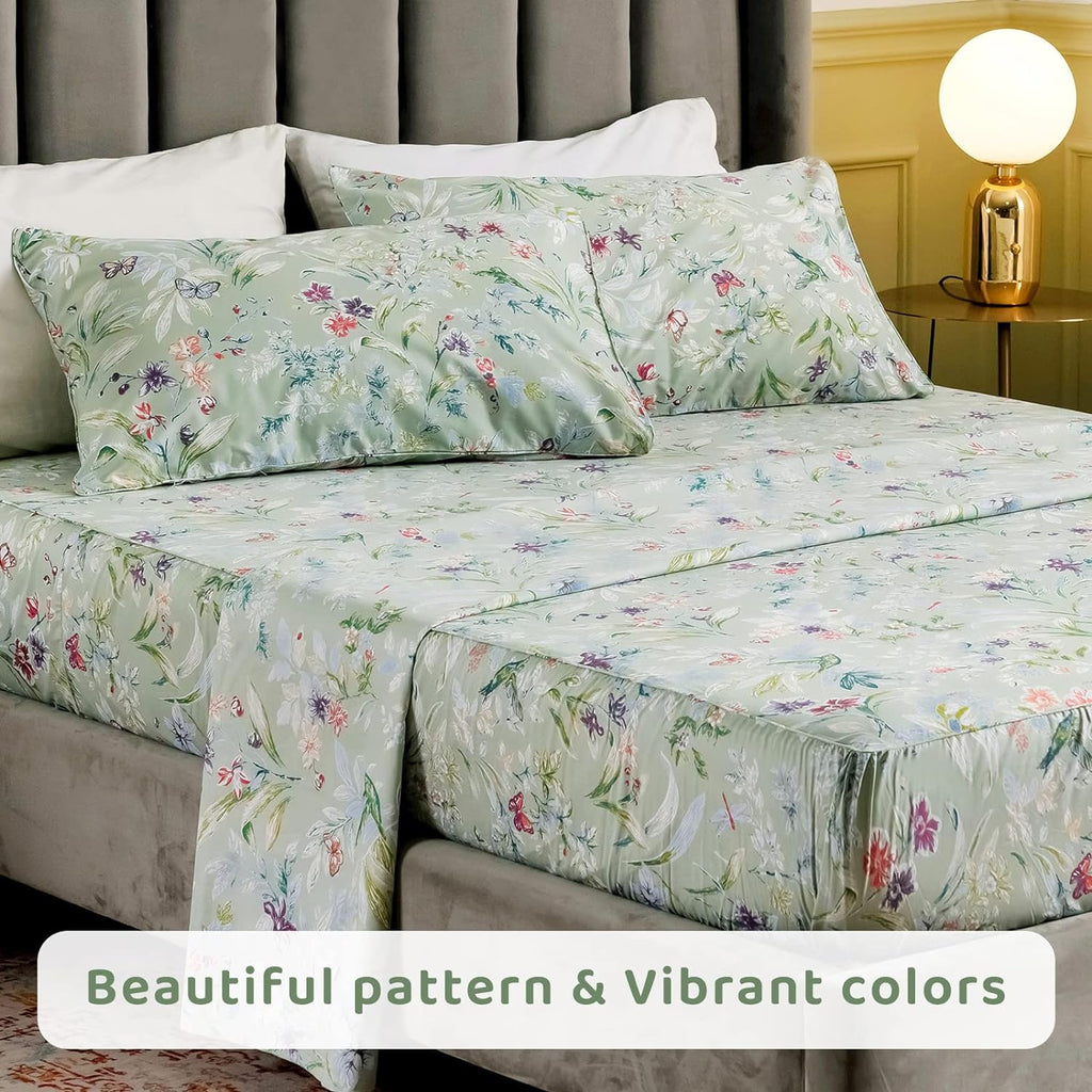 QSH 100% Egyptian Cotton Cal King Sheets, Green Flower Bird Butterfly Pattern Luxury Cotton Printed Flower California King Bedding Sheets, 4pcs Deep Pocket California King Floral Bed Sheet Set