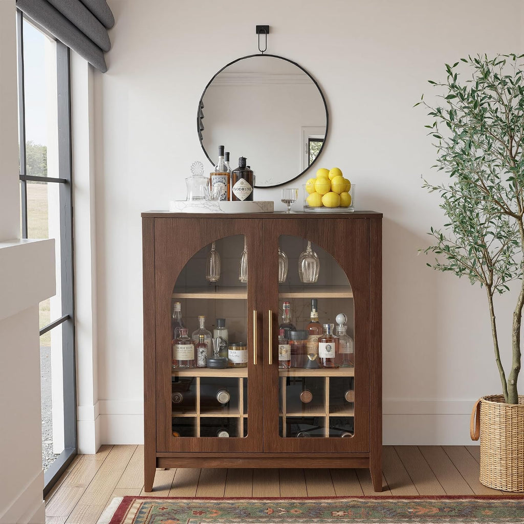 FORTUNETEC Wine Bar Cabinet with Glass Doors, 31.5' Liquor Cabinet with Wine and Glass Rack, Mid Century Modern Sideboard Buffet Cabinet with Storage for Living Room Kitchen Dining Room, Walnut