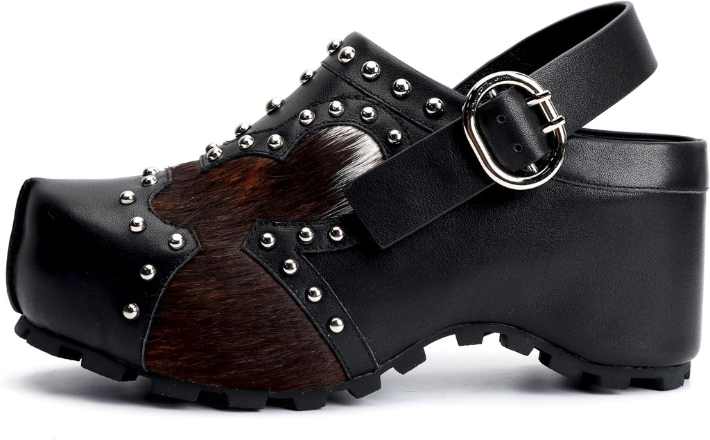 XOBZJH Platform Clogs for Women with Arch Support – Natural Calf Hair & Leather Patchwork Upper, Adjustable Strap, Leather-Lined Slip-On Mules for Flat Feet, Vintage Rivet Design
