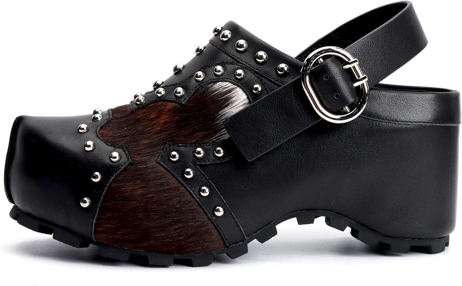 XOBZJH Platform Clogs for Women with Arch Support – Natural Calf Hair & Leather Patchwork Upper, Adjustable Strap, Leather-Lined Slip-On Mules for Flat Feet, Vintage Rivet Design