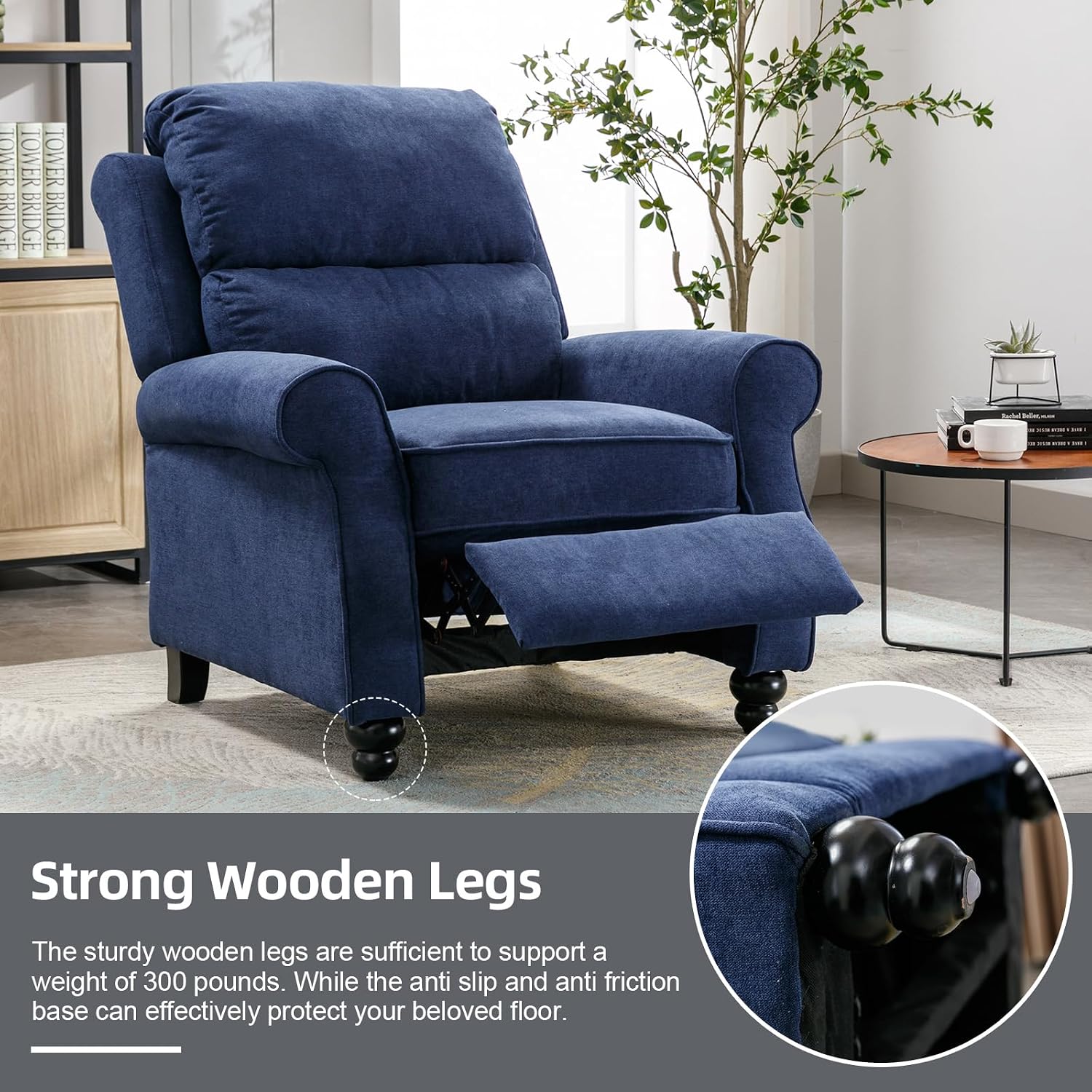 IOMOR Push Back Recliner Chair, Fabric Armchair Overstuffed Pushback Recliner, Heavy Duty Single Sofa Chair with Padded Seat Solid Wood Legs for Living Room (Blue)