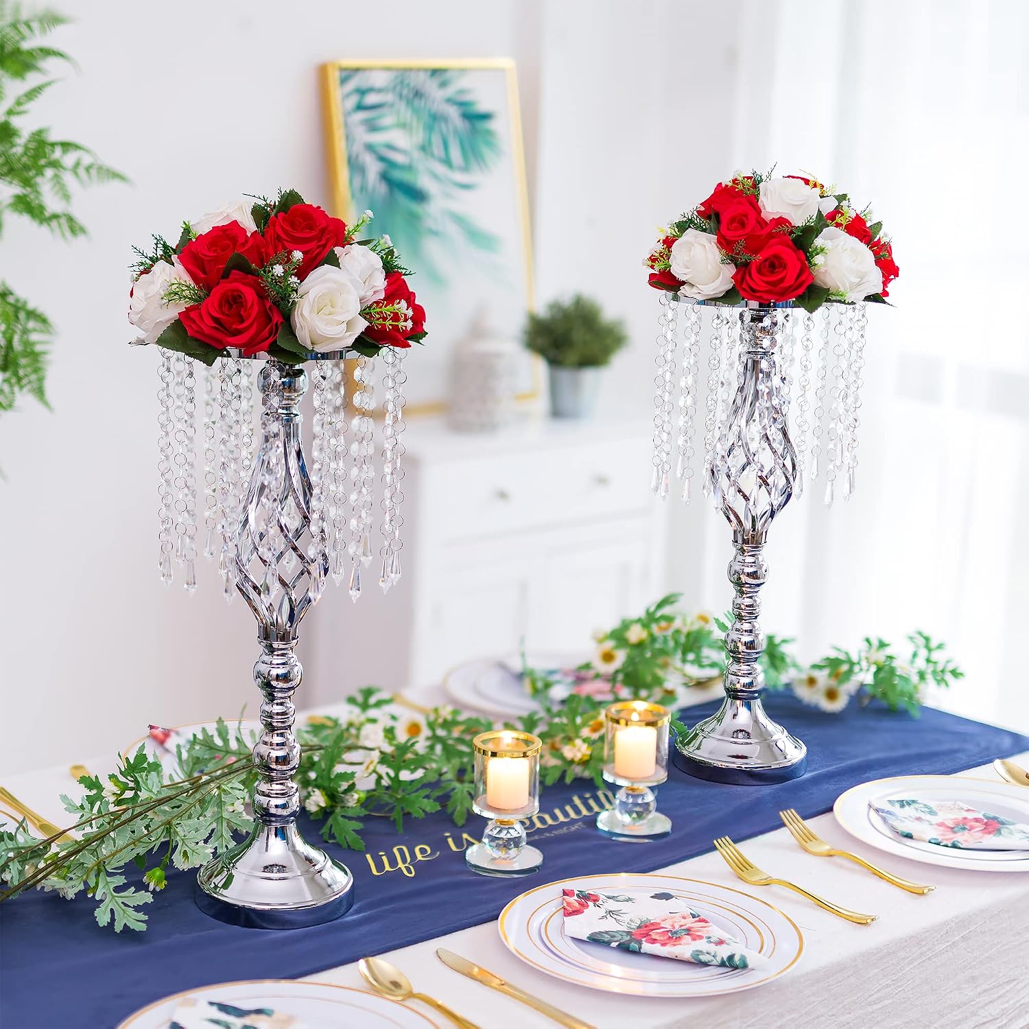 Sliver Vases Centerpieces for Weeding: 19.3' Tall Flower Stand with Crystal Patent for Table Center Piece Party Event Set of 10