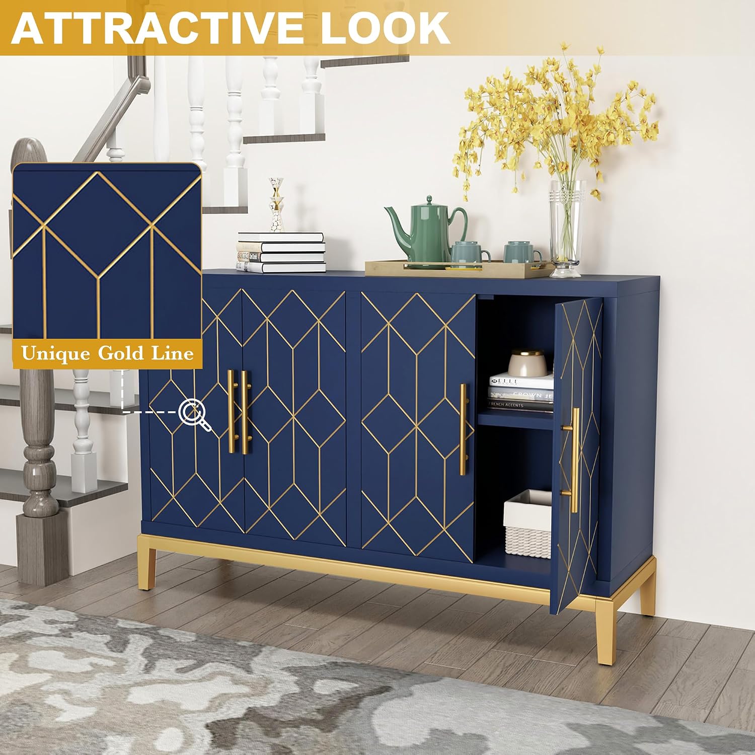 HLR 48' Accent Cabinet with 4 Doors and Shelves, Modern Credenza Storage Cabinet with Gold Trim, Sideboard Buffet for Living Room, Kitchen, Dining Room, Hallway, Blue