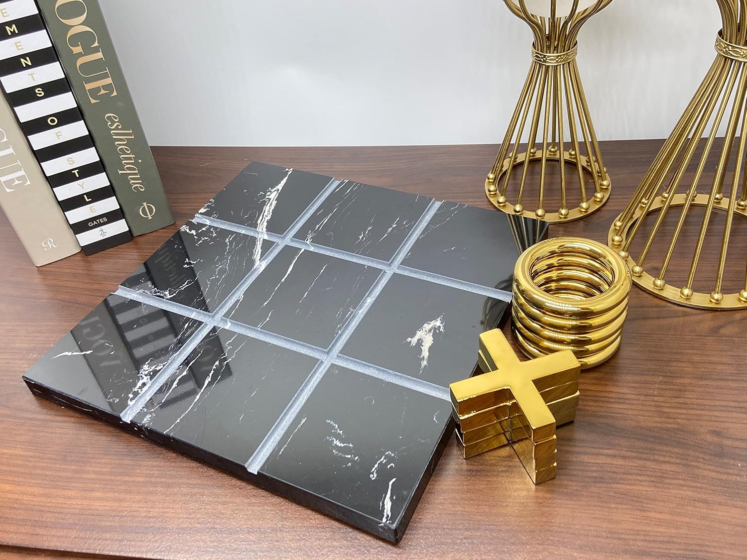 Marble Tic Tac Toe Game for Living Room Decor Centerpiece Black and Gold XO with Black Marble and Gold Color Stainless Steel Decorative Table Top X/O Board Coffee Table Décor