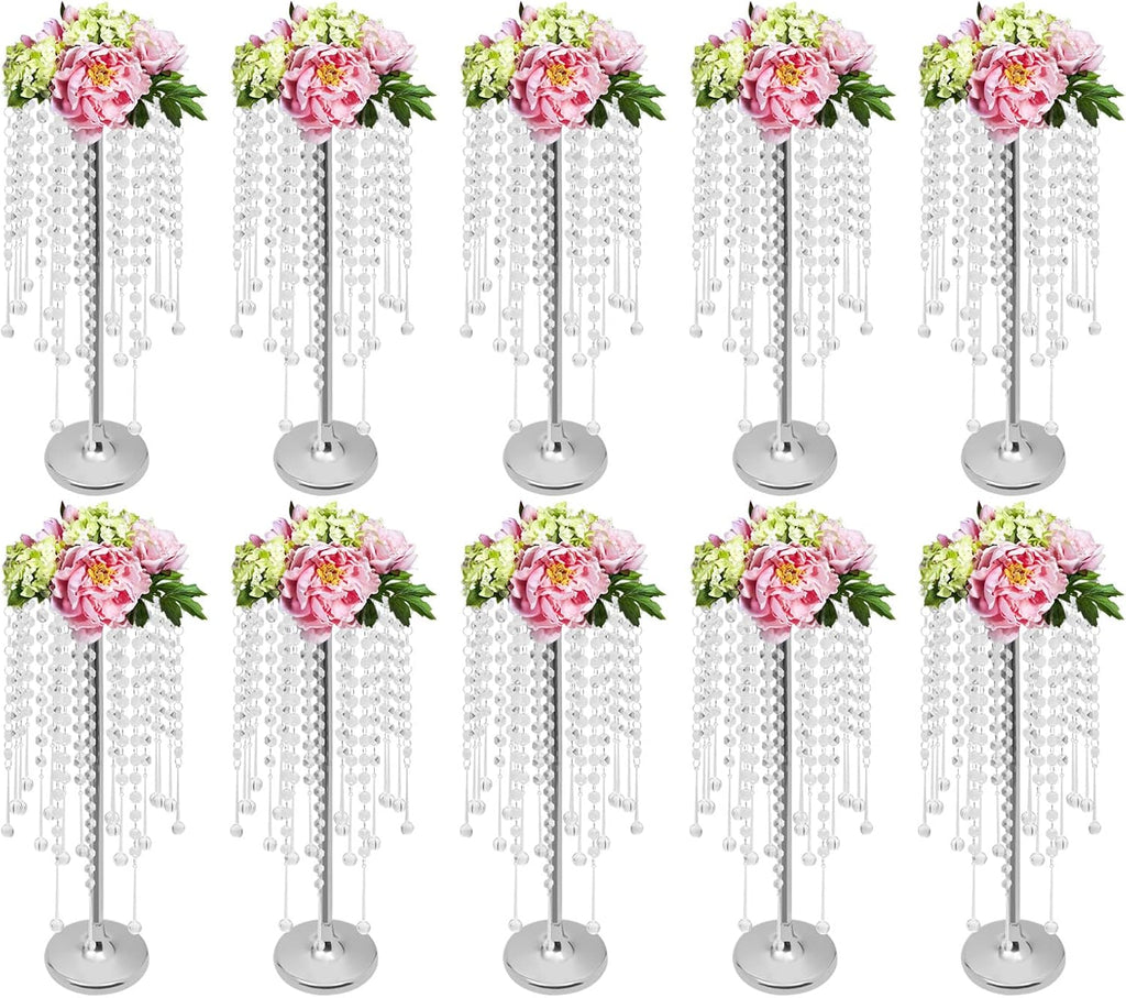 10PCS Crystal Flower Stand Wedding Centerpieces 21.7 Inch Tall Sliver Vases Metal Flower Candle Holder with Sparkling Crystal for Table Wedding Party Dinner Event Decor (Silver-7)