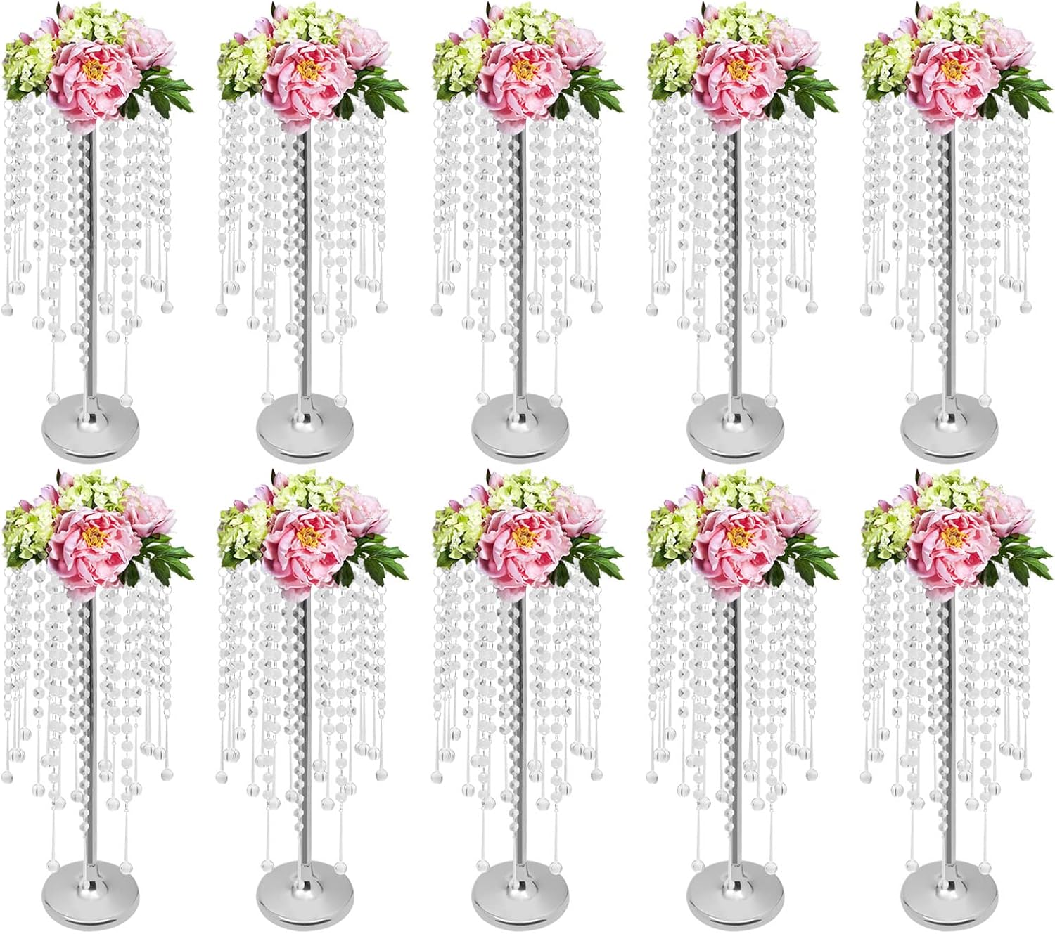 10PCS Crystal Flower Stand Wedding Centerpieces 21.7 Inch Tall Sliver Vases Metal Flower Candle Holder with Sparkling Crystal for Table Wedding Party Dinner Event Decor (Silver-7)
