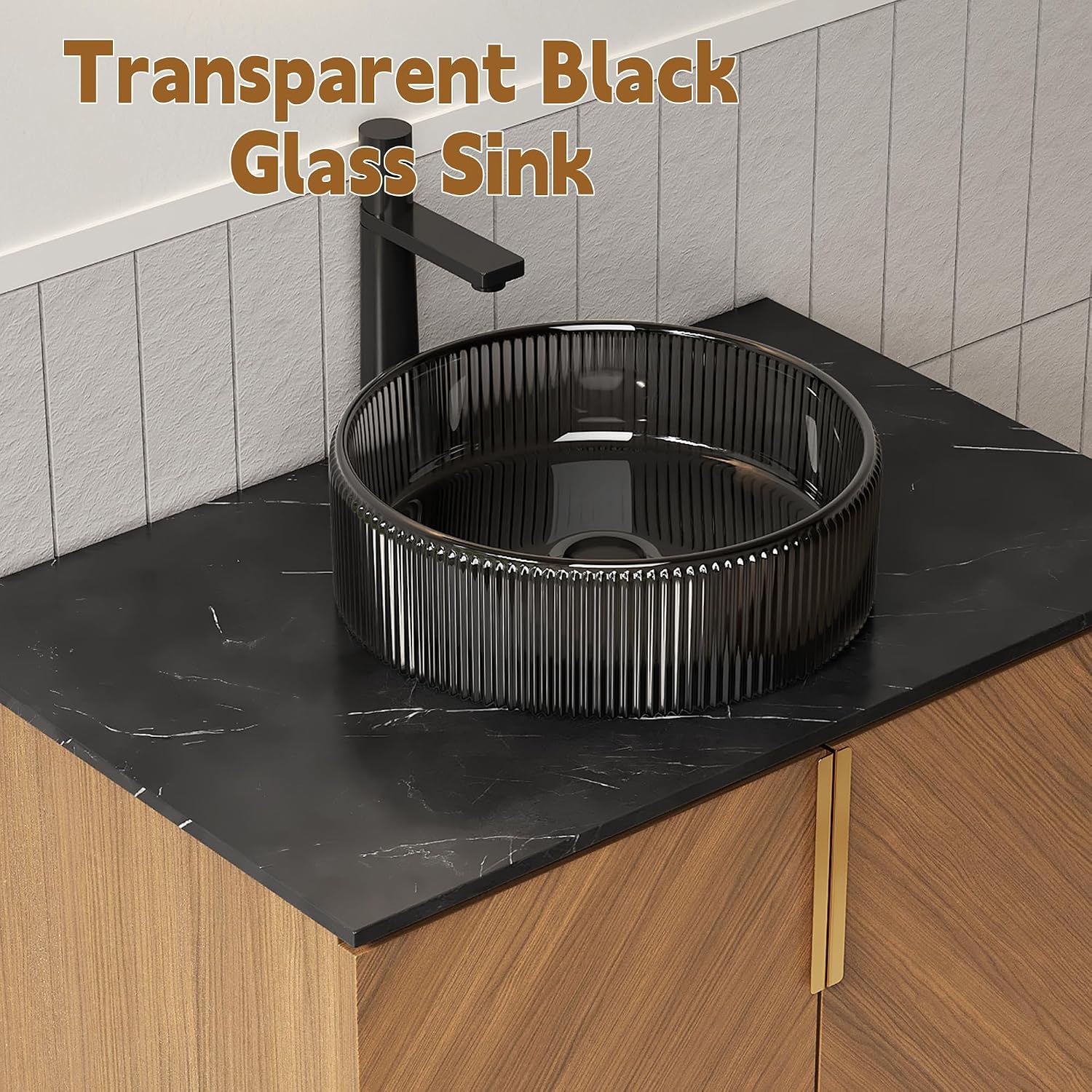 30 Inch Bathroom Vanity with Sink Combo, Floating Vanity Bathroom with Vessel Sink, Modern Bathroom Vanity Cabinet with Doors, Sintered Stone Countertop and Black Glass Sink,Brown Oak