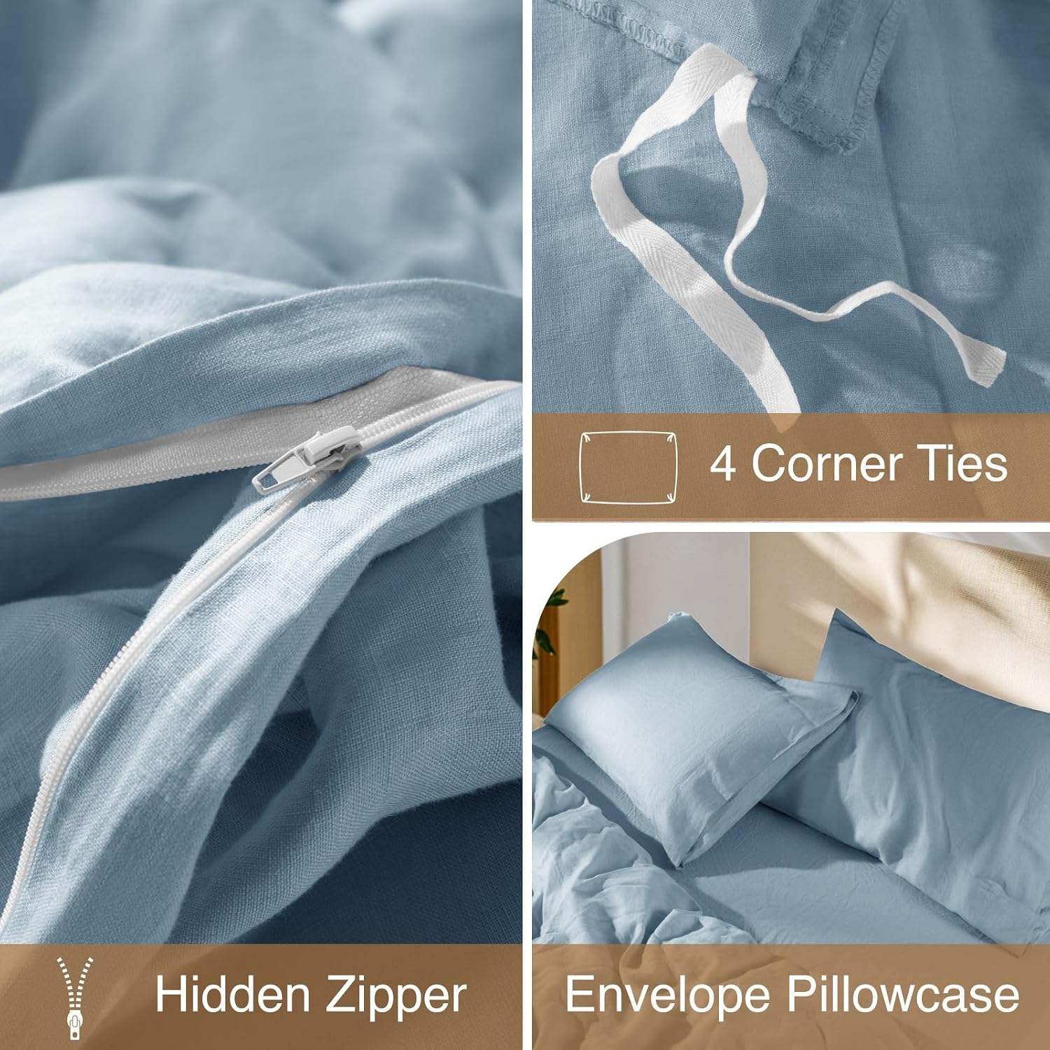 SONORO KATE 100% French Linen Duvet Cover Queen Size, Soft Breathable for Hot Sleepers, Moisture Wicking & Durable Cover Set - Zipper Closure & 4 Corner Ties Duvet Covers 3 Piece (Dusty Blue,Queen)