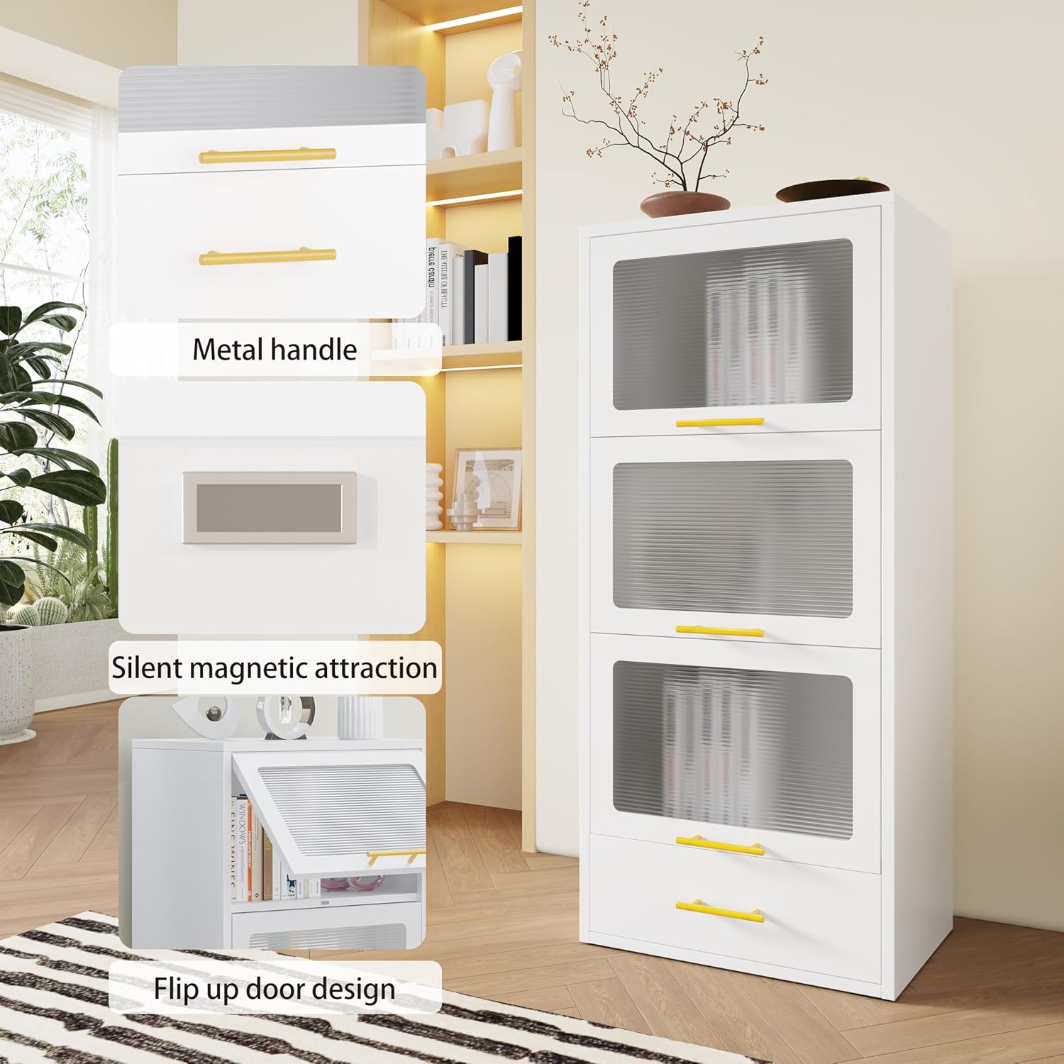 erosoei Metal Tall Narrow Bathroom Storage Cabinet，Slim Bathroom Storage Cabinet with Flip-up Acrylic Doors and Drawers，Pantry Cabinets for Kitchen, Bedroom, Living Room, Laundry Room