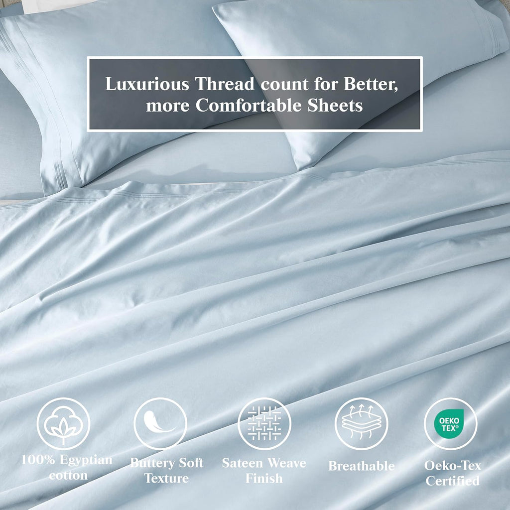 Superior Egyptian Cotton 4 Piece Sheet Set, 650 Thread Count, Modern Design, Sustainable Sheets, Ultra-Soft Basics, Solid, Deep Pocket Fitted Sheet, Flat Sheet, Pillowcases, Queen, Baby Blue