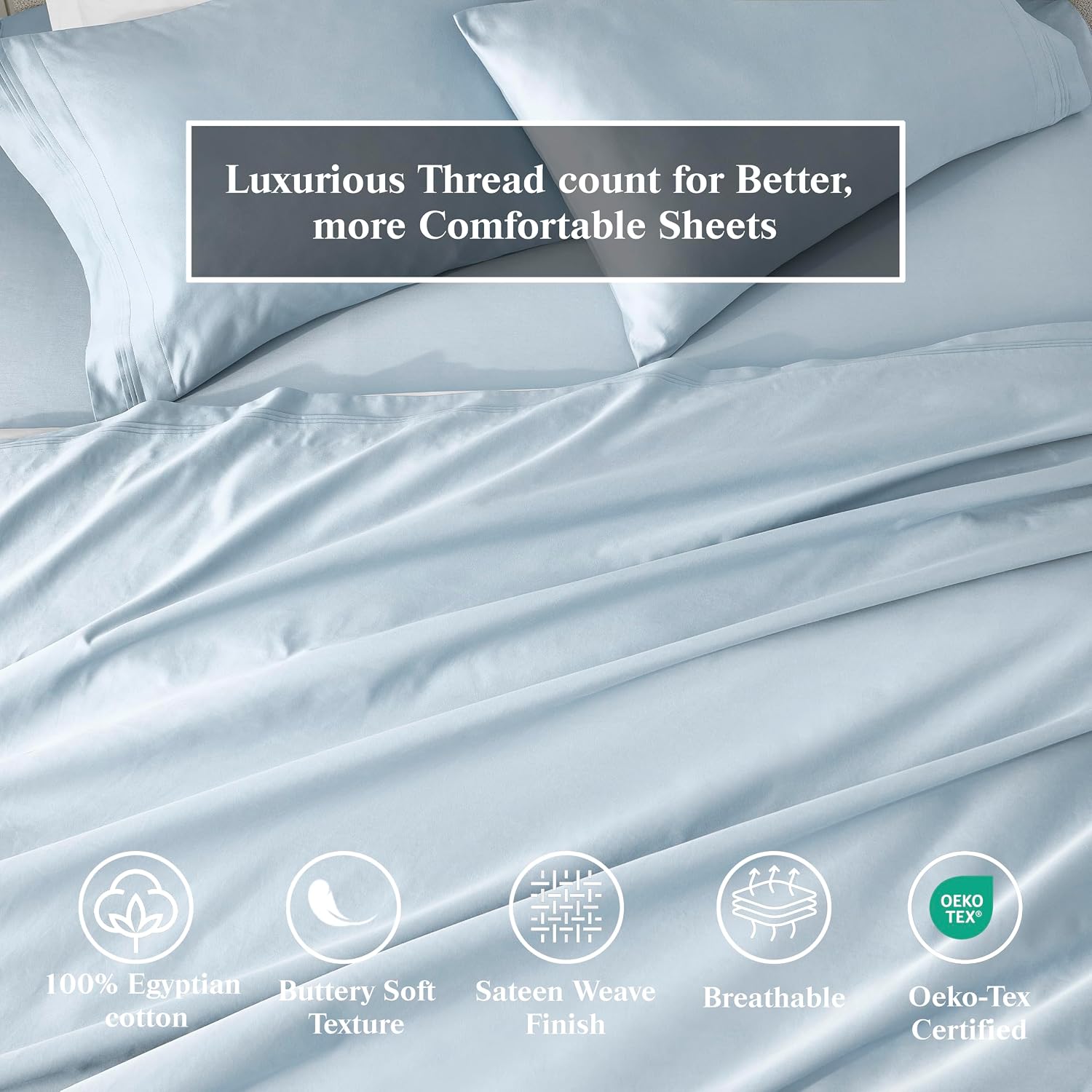 Superior Egyptian Cotton 4 Piece Sheet Set, 650 Thread Count, Modern Design, Sustainable Sheets, Ultra-Soft Basics, Solid, Deep Pocket Fitted Sheet, Flat Sheet, Pillowcases, Queen, Baby Blue