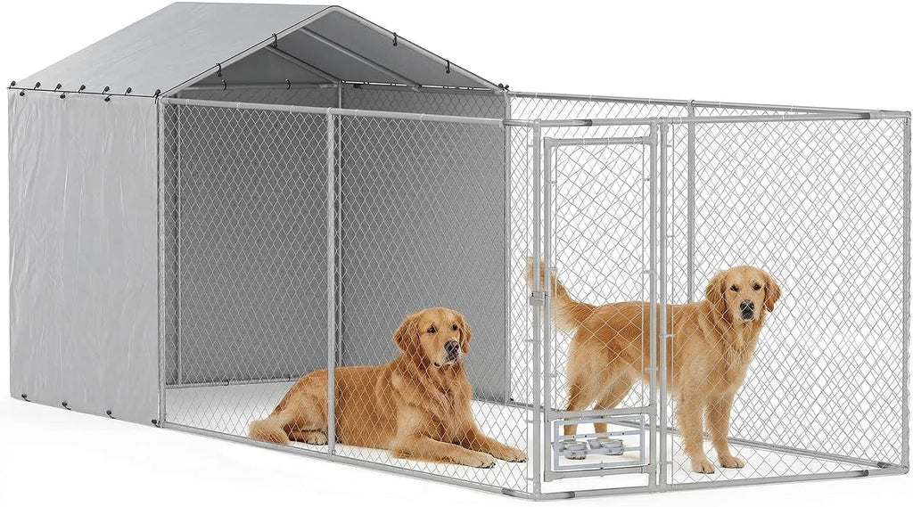 PawHut 20' x 7.5' x 7.5' Large Outdoor Dog Kennel w/Secure Lock, Heavy Duty Galvanized Chain Link Dog Kennel w/Waterproof & UV-Resistant Cover, Rotating Bowls, for M&L Breeds, Chickens, Ducks
