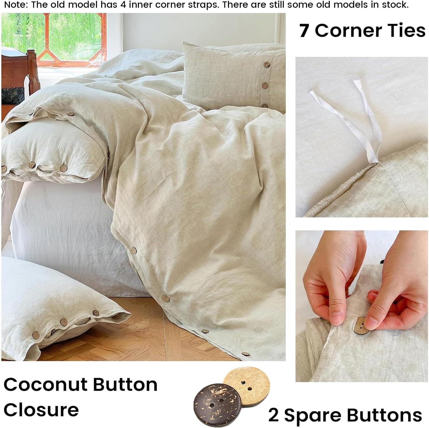 Simple&Opulence 100% Linen Duvet Cover Set 3pcs with Coconut Button Closure Natural French Washed Flax Solid Color Soft Breathable Farmhouse Bedding - Linen, Queen Size