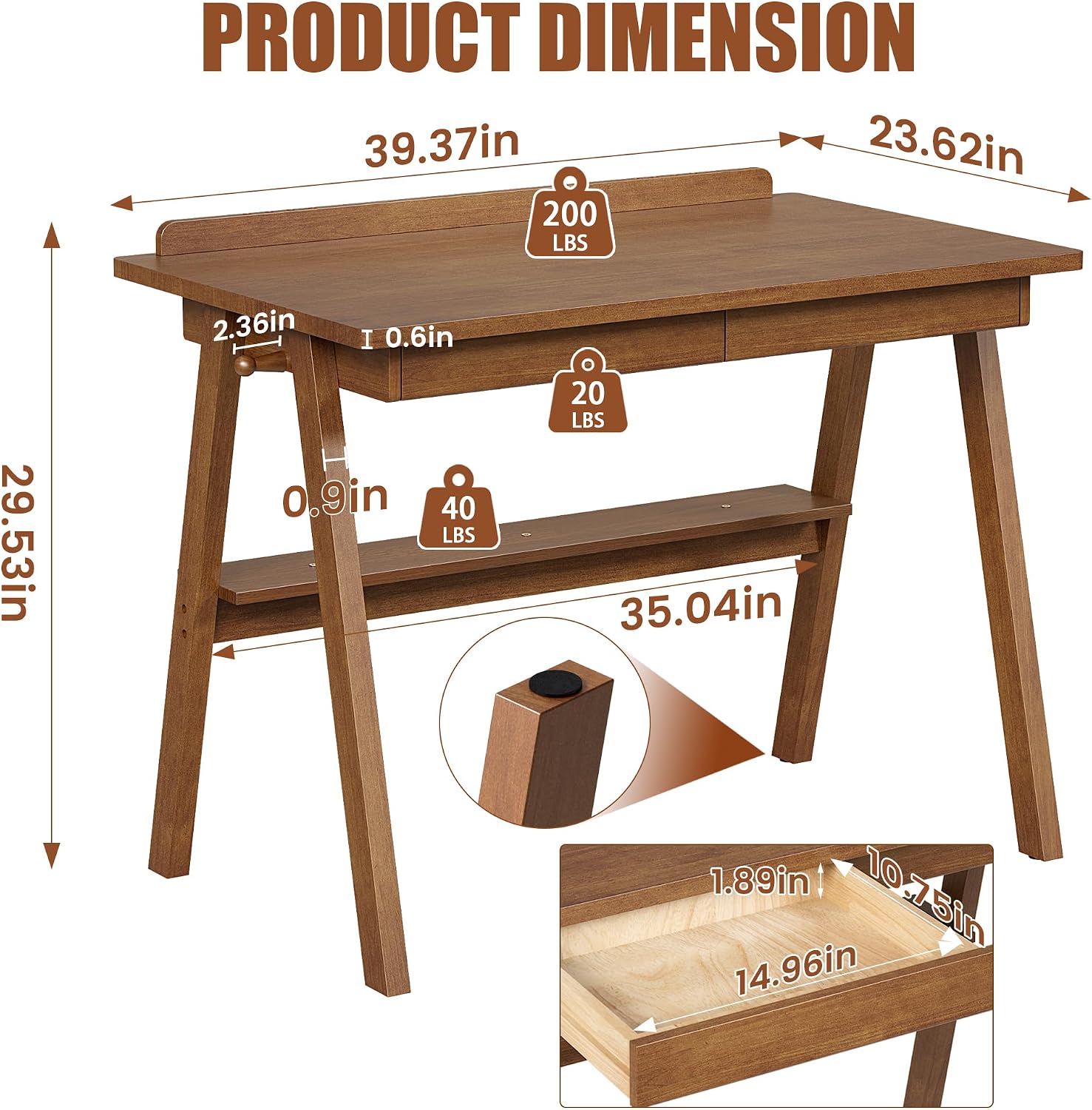 100% Solid Wood Desk with Drawers & Storage Shelf - 40 x 24 Inch Mid Century Modern Desks, Vintage Writing Desk with Deeper Desktop, Home Office Computer Desks for Bedroom & Home-Walnut Color