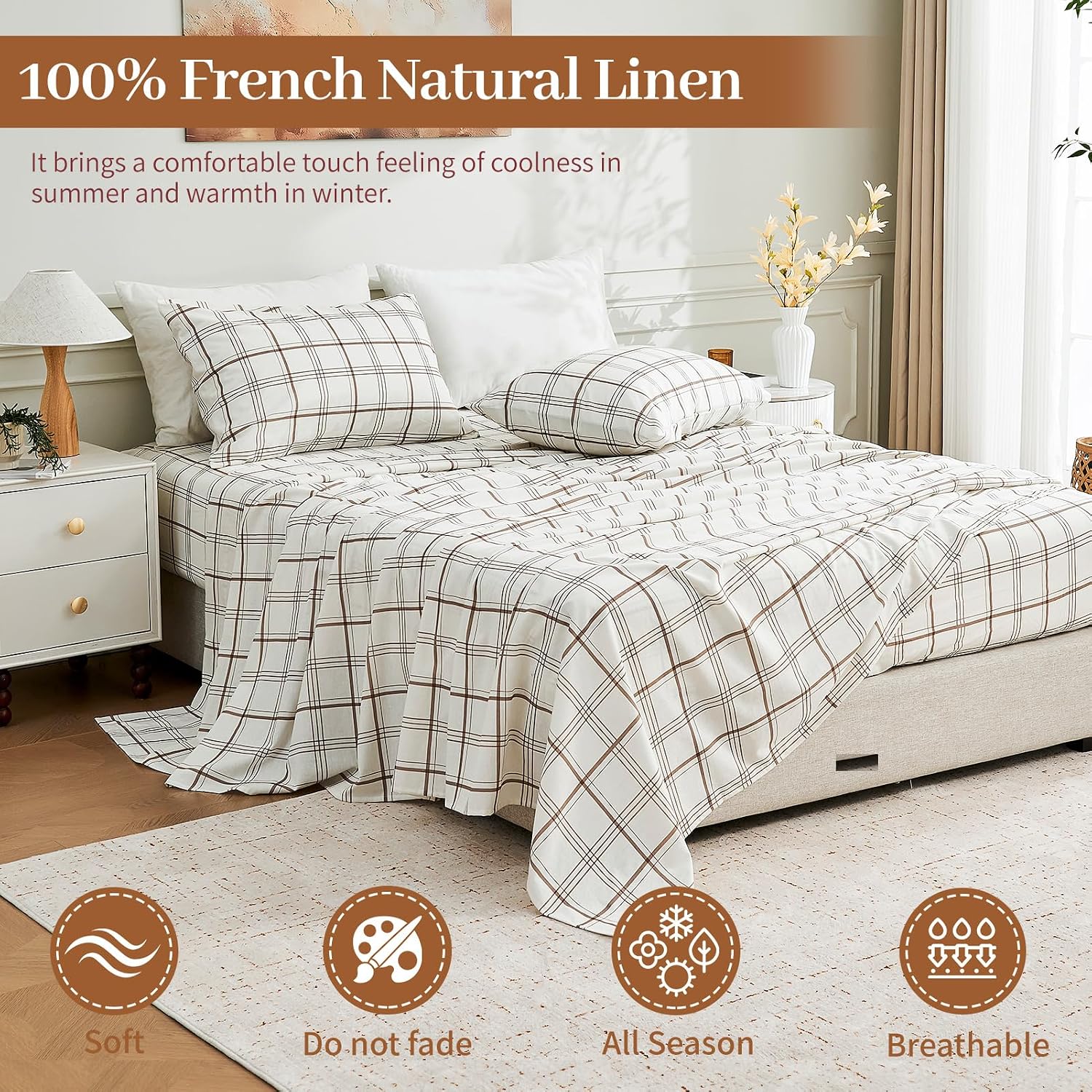 MEISHANG 100% French Pure Linen Sheets Queen Size - Bed Sheets 4 Piece Sets, Soft Durable Flax Linen, Anti-Tear Breathable Moisture Wicking with 16' Deep Pocket (Linen Plaid)