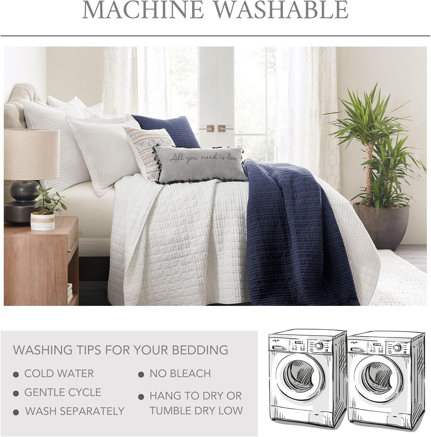 Levtex Home Mills Waffle Queen Bedspread Set (106x106in) with 2 Pillow Shams (26x20in) - Chambray - Cotton Waffle Queen Size Bedspread Set - Lightweight, Soft, Pre-Washed