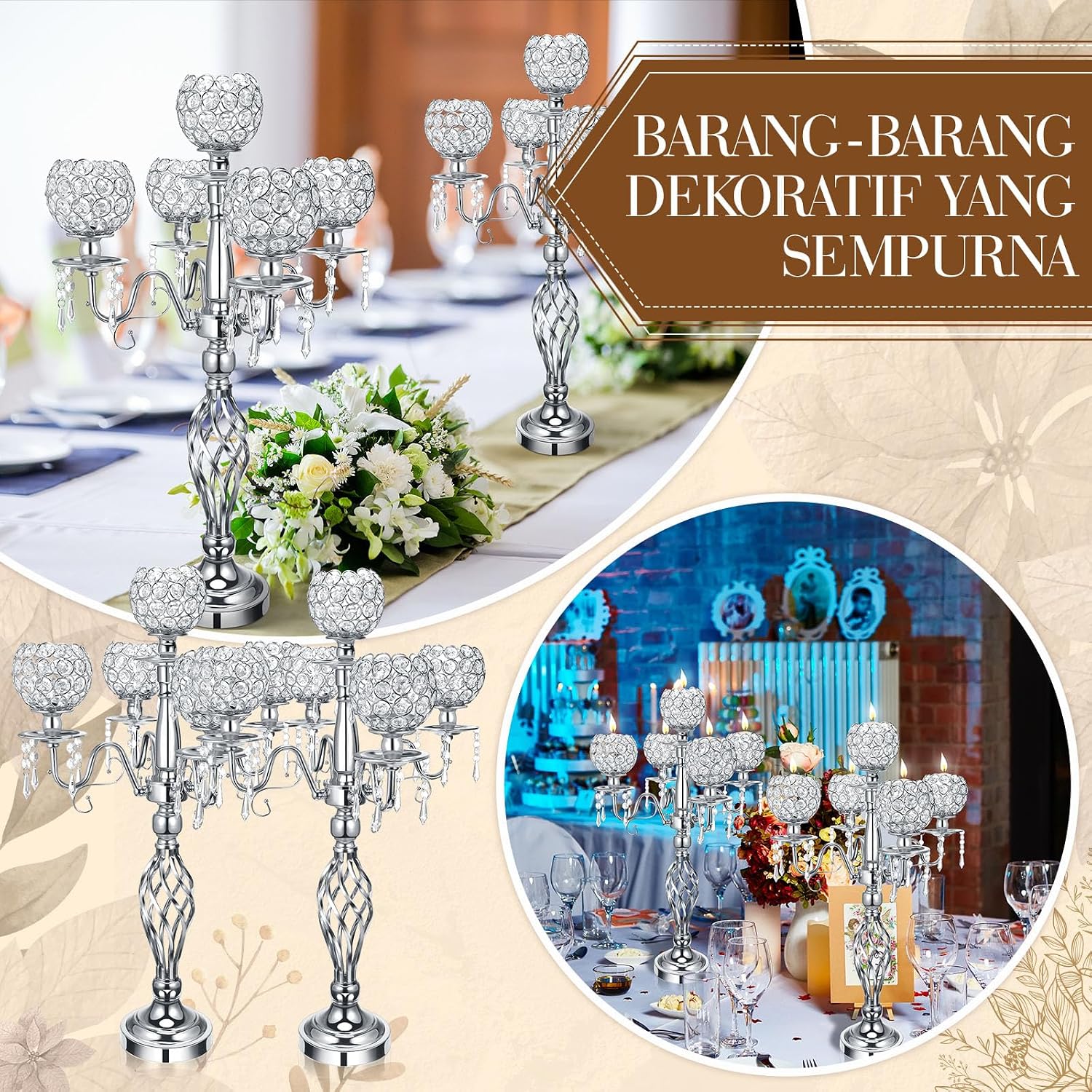 Nitial 8 Pcs 5 Arm Crystal Candelabra Centerpieces for Table 27 Inch Retro Victorian Crystal Candle Holders Bowl Table Centerpieces Decor for Wedding Banquet Valentine Dinner Party Event (Silver)