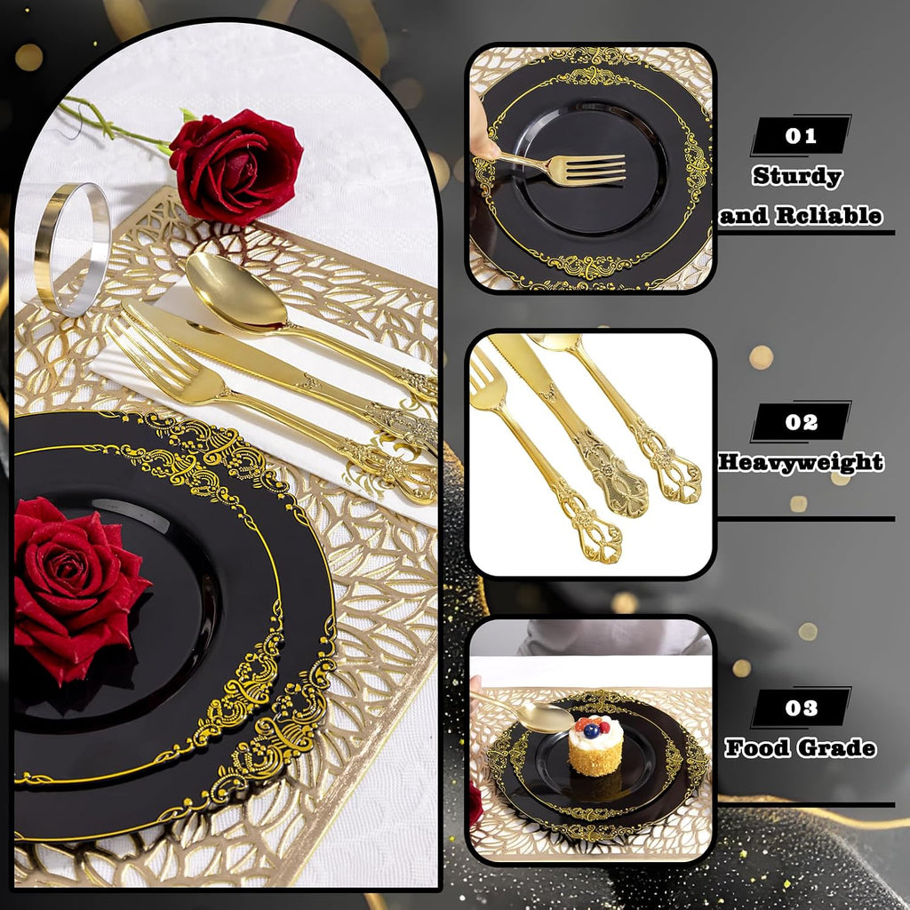 YOUBET 700PCS Black Plastic Plates - Black and Gold Plates - Gold Plastic Dinnerware Set Include 200 Disposable Plate, 300 Heavy Duty Silverware, 100 Cups, 100 Napkins for Wedding & Party