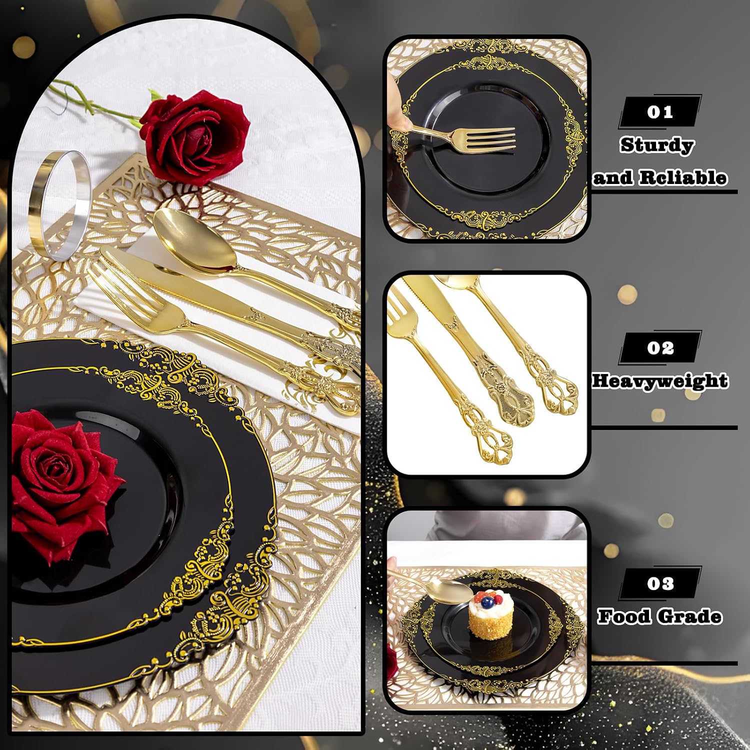YOUBET 700PCS Black Plastic Plates - Black and Gold Plates - Gold Plastic Dinnerware Set Include 200 Disposable Plate, 300 Heavy Duty Silverware, 100 Cups, 100 Napkins for Wedding & Party