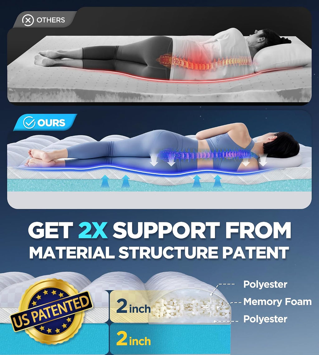 Dual Layer Memory Foam Mattress Topper for Pain Relief with 2X Support, 2' Fluffy Pillow Top Full Mattress Topper Plus 2' Odor-Free Cooling Gel Memory Foam Ultra Comfort Mattress Pad Cover