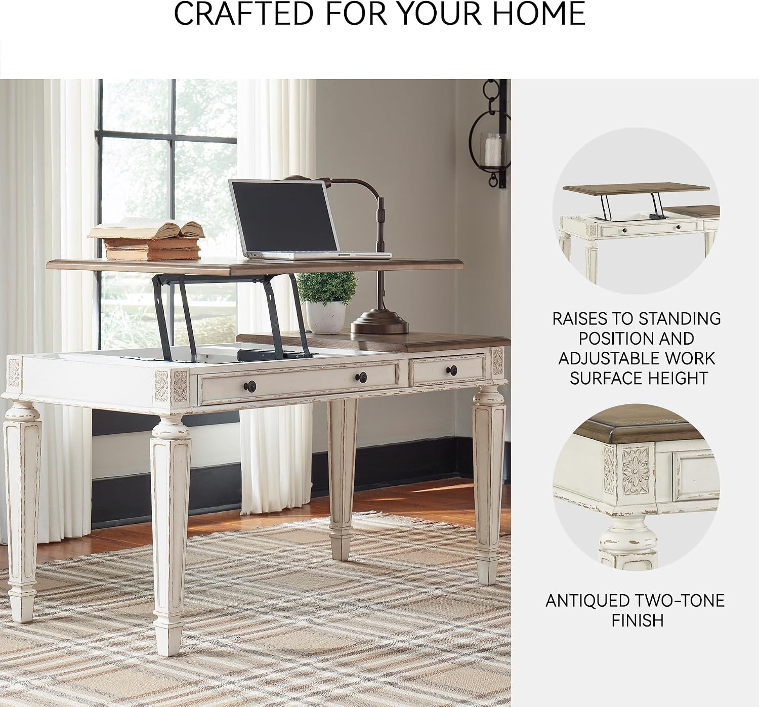 Signature Design by Ashley Realyn Home Office Lift Top Desk, USB Charging, Spring Lift Top, Smooth-gliding Drawer, 60' W x 28' D x 31' H, Chipped White and Brown