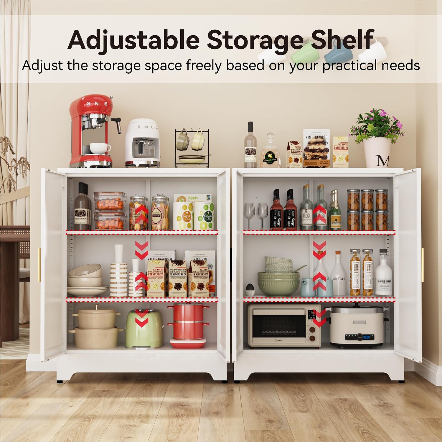 Metal Locker Cabinet, White Farmhouse Storage Cabinets with 2 Doors and Adjustable Shelves, 3 Tier Modern Storage Freestanding Sideboard for Living Room,School,Office Home Kitchen