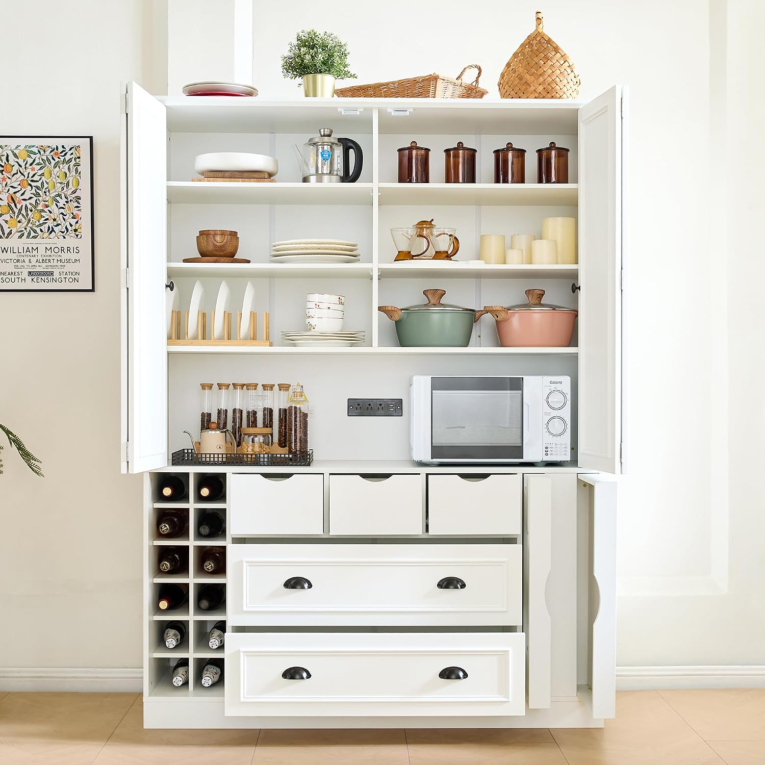 Farmhouse 71''H Large Kitchen Pantry, 53.2''Lx17.7''W Wood Dining Storage Cabinet Cupboard with 4 Foldable Doors, Power Outlet, Shelves, Wine Racks and Serving Trays (White-Fold D)