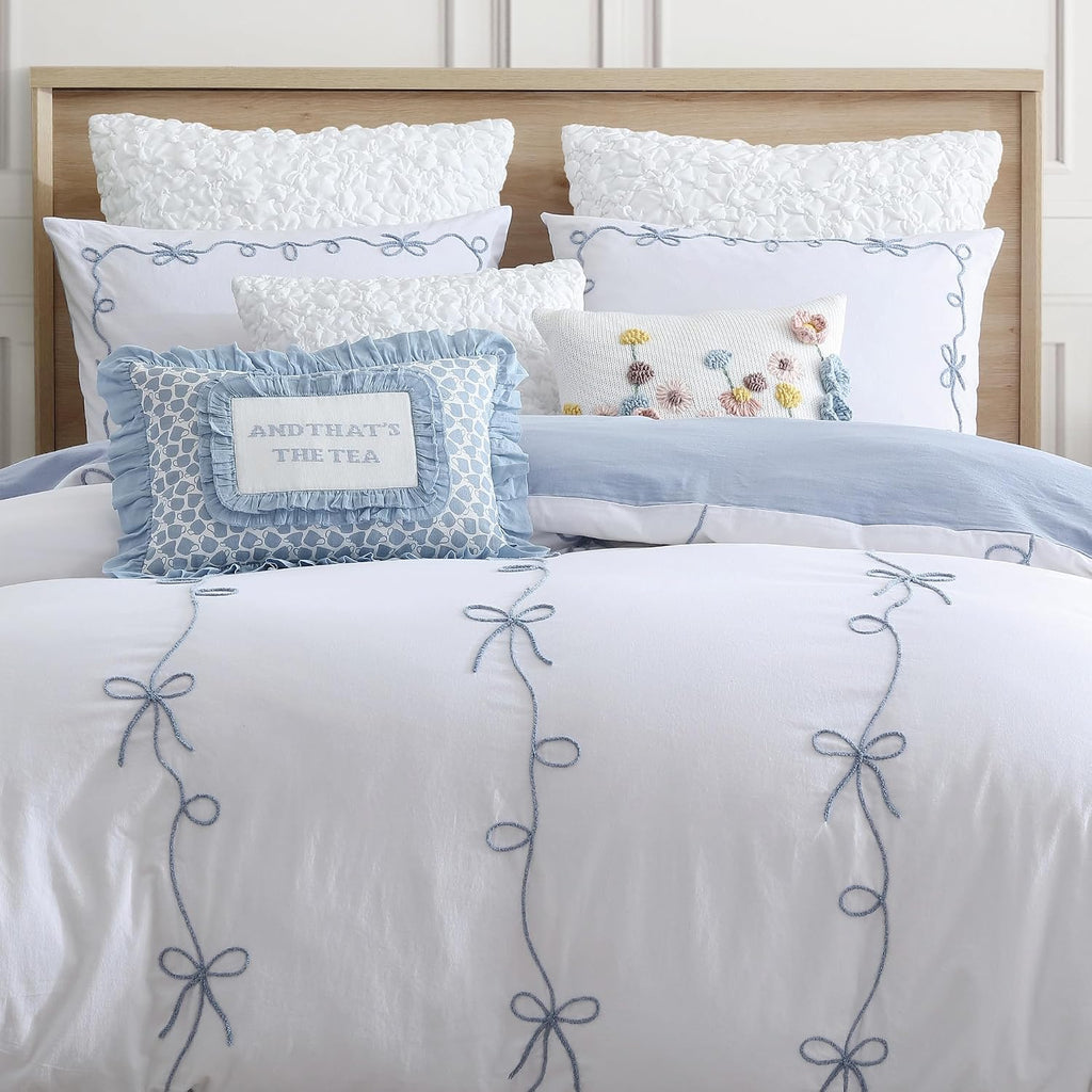 Peri Home Bows Duvet Cover Set 100% Cotton 3-Piece Bedding, Full/Queen, Blue Sasha Bows