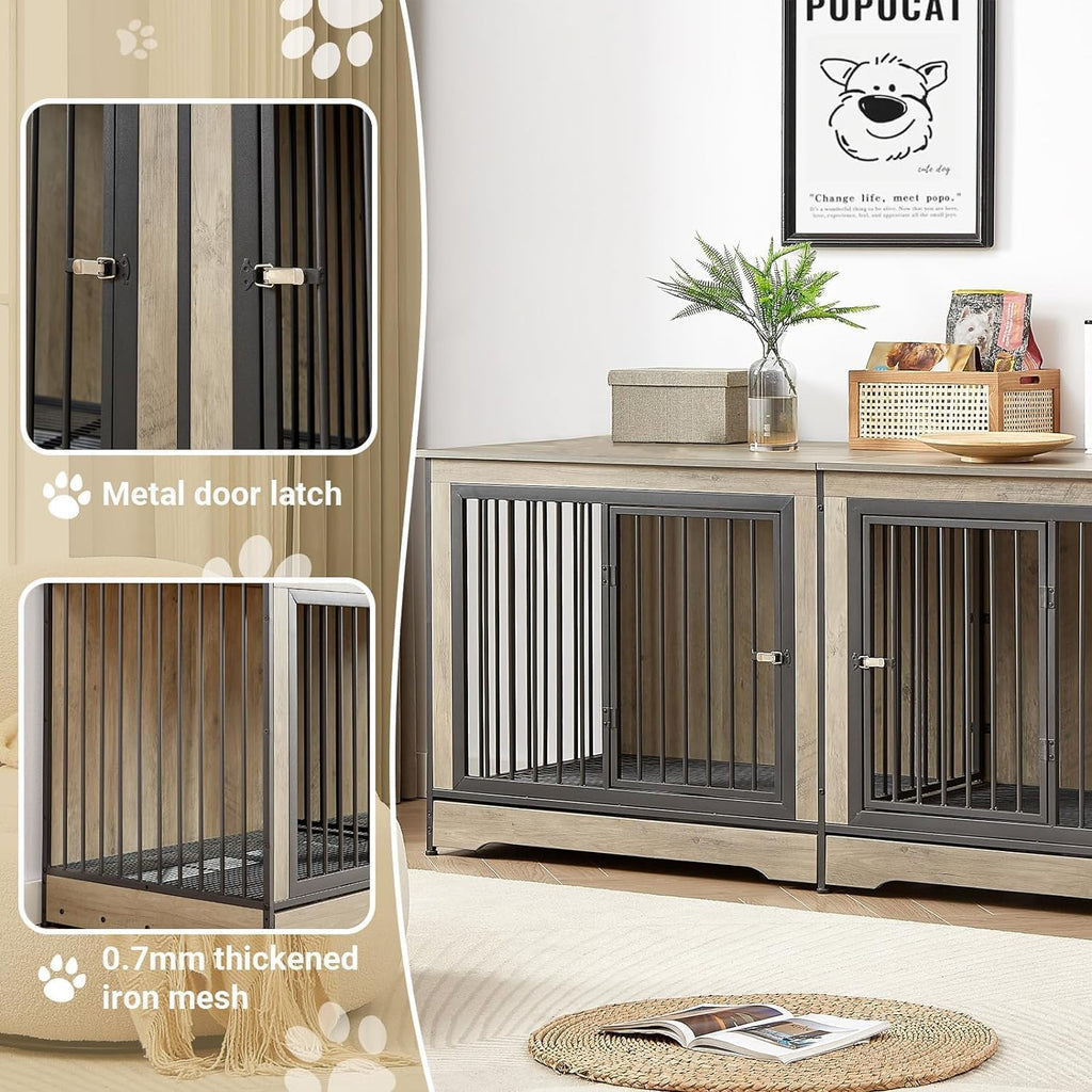 Rovibek 75' Double Dog Crate Furniture for 2 Large Dogs, Heavy Duty Furniture Style Dog Kennel End Table, Wood Crates for Dogs Kennel Indoor Double Door, Grey