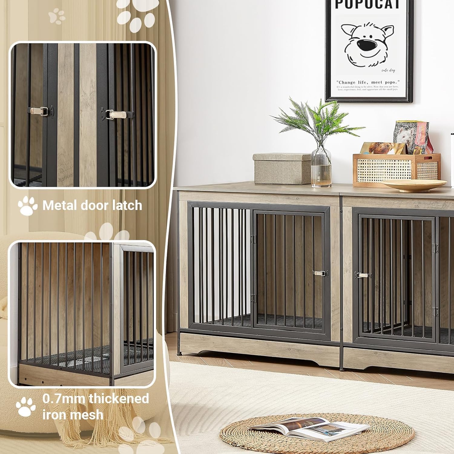 Rovibek 75' Double Dog Crate Furniture for 2 Large Dogs, Heavy Duty Furniture Style Dog Kennel End Table, Wood Crates for Dogs Kennel Indoor Double Door, Grey