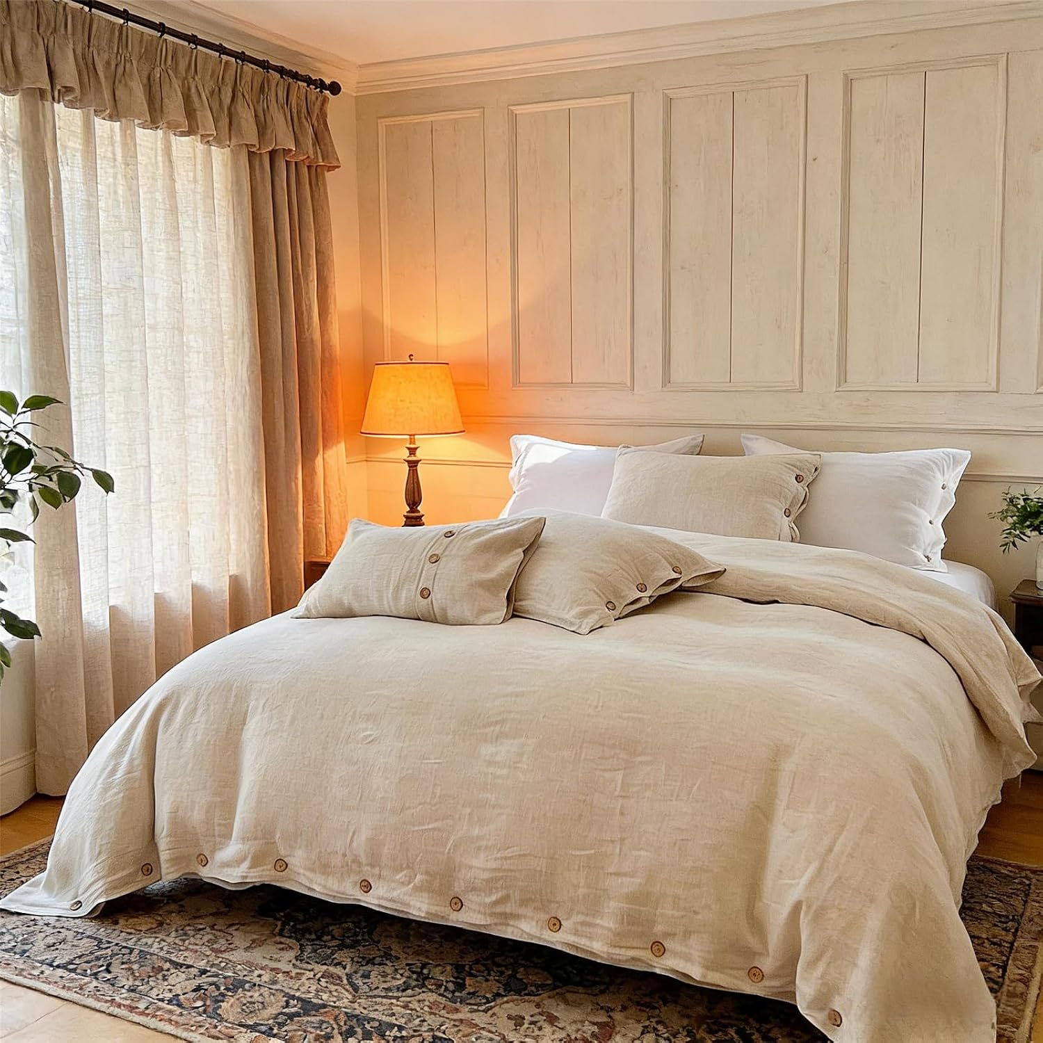 Simple&Opulence 100% Linen Duvet Cover Set 3pcs with Coconut Button Closure Natural French Washed Flax Solid Color Soft Breathable Farmhouse Bedding - Linen, Queen Size