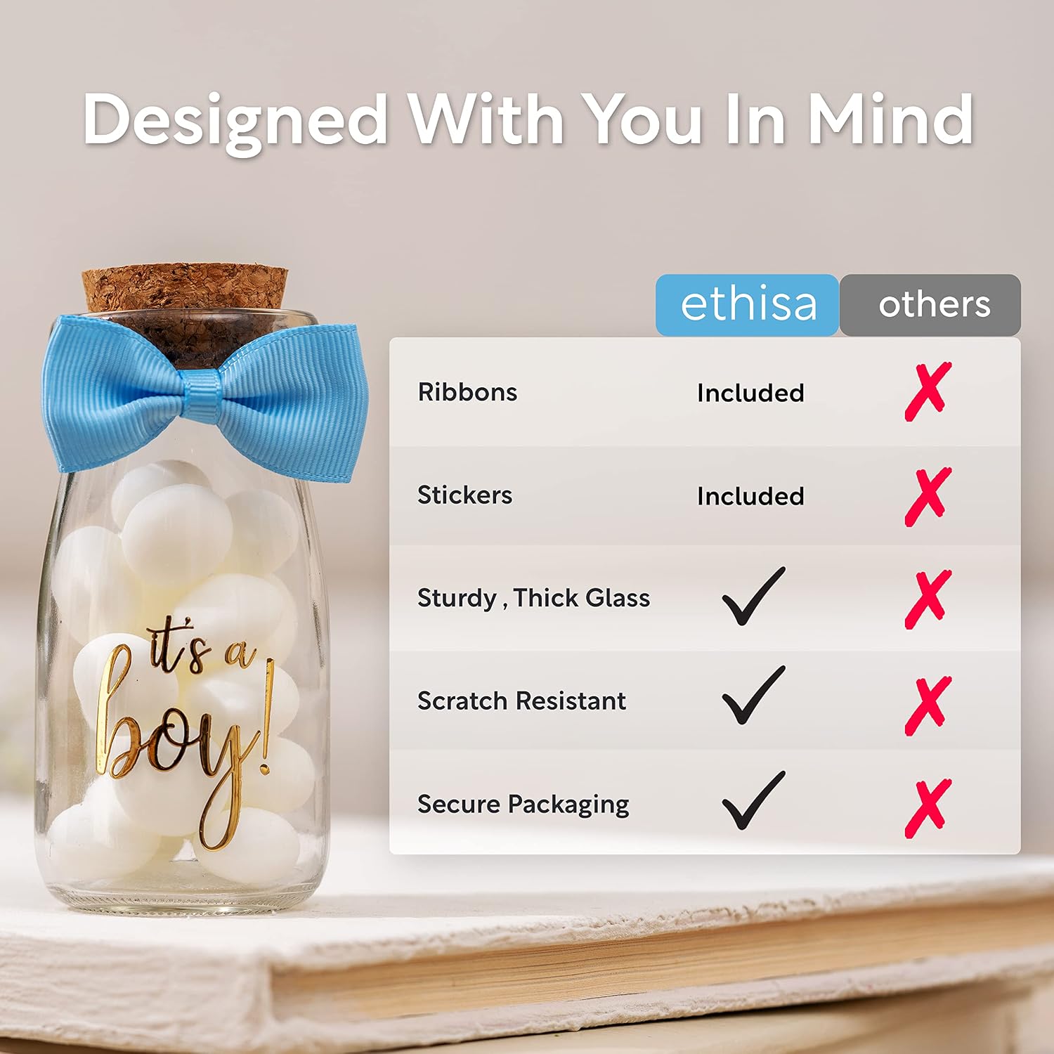 Ethisa 96 Pack It's a Boy Milk Glass Bottles with Ribbons and Stickers - Vintage Baby Shower Favors for Guests and Table Centerpieces Decorations - Sturdy Baby Shower Candy Jar