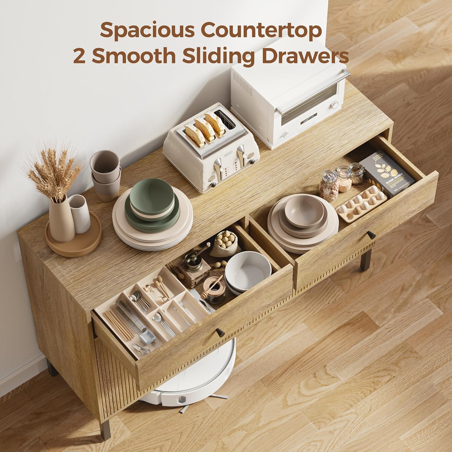 Mericonia Farmhouse Buffet Sideboard Cabinet with Storage, Fluted Coffee Bar with Doors and Adjustable Shelves, Modern Wood Console Cabinet with Drawers (4 Door, Natural 2 Drawer)
