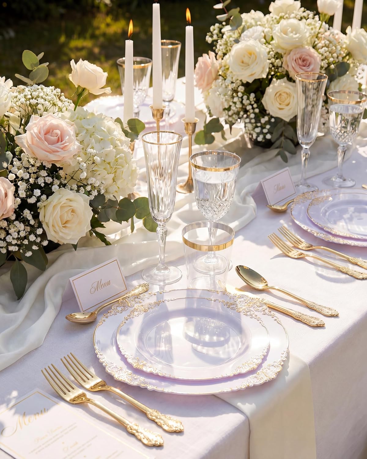 Nervure 700PCS Gold Plastic Plates - Gold Plastic Dinnerware Sets for 100 Guests - 200 Disposable Plates, 300 Silverware, 100 Cups, 100 Napkins for Wedding & Party & Graduation