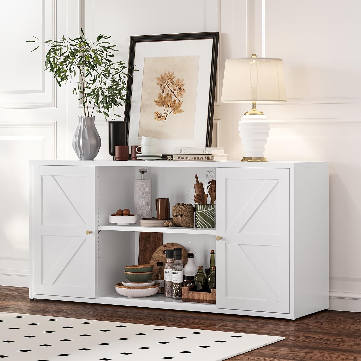 Washsemba Farmhouse - Style 65 - inch Metal TV Stand: Entertainment Center with Locker, Barn - Style Doors, Adjustable Partition. Medieval Modern Media Console Table for Living Room & Bedroom (White)