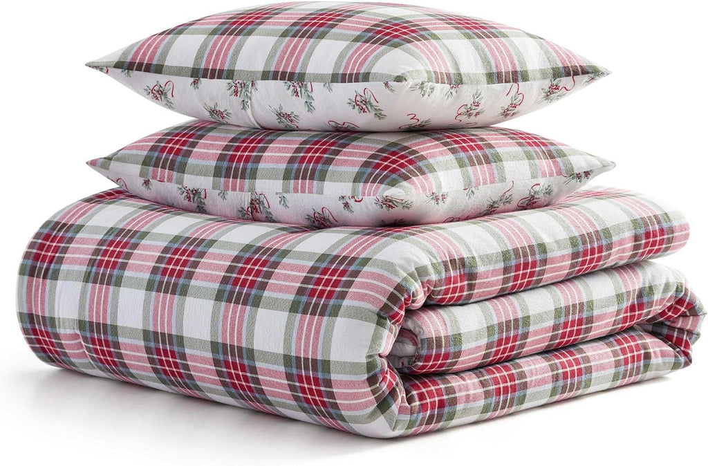 Martha Stewart - Queen Bedding Comforter Sets, Wonderfully Plush & Naturally Soft Cotton Flannel Bedding w/Matching Pillowcases, 3 Piece Bed Sets (Yuletide Spruce Plaid/Holiday Ribbons Red)