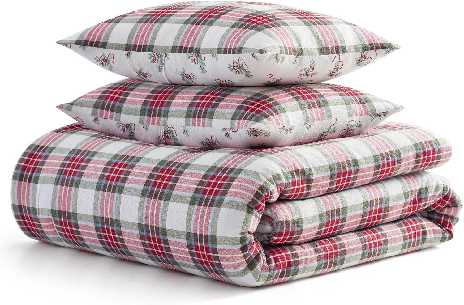 Martha Stewart - Queen Bedding Comforter Sets, Wonderfully Plush & Naturally Soft Cotton Flannel Bedding w/Matching Pillowcases, 3 Piece Bed Sets (Yuletide Spruce Plaid/Holiday Ribbons Red)