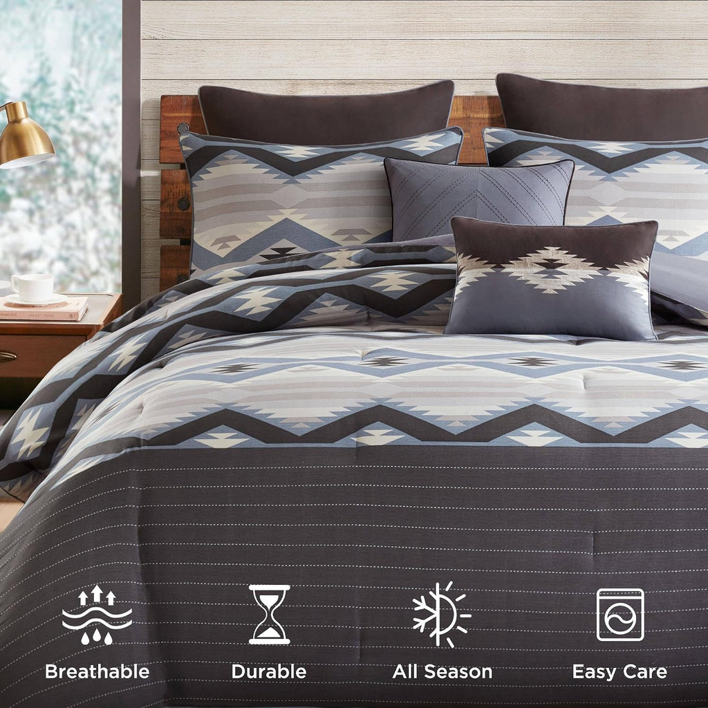 Woolrich Cal King Comforter Set, Southwestern Aztec 8 Piece Bedding Set, Oversized All Season Down Alternative Comforter with Shams, Euro Shams, Decorative Pillows & Bedskirt, Rustic Cabin, Blue
