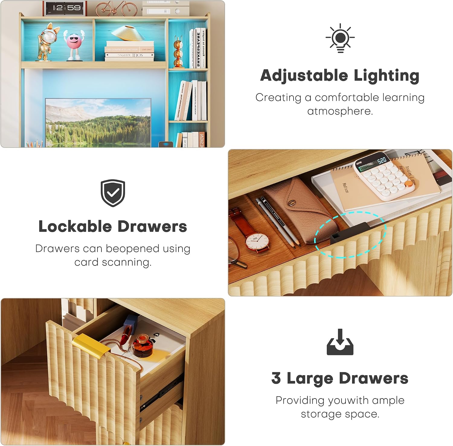 40' W Fluted Study Desk with Hutch and Storage Cabinet, Computer Desk with Power Outlet & LED Lights, Home Office Desk with Card-Based Lock for Study, Bedroom, Living Room, Natural Oak